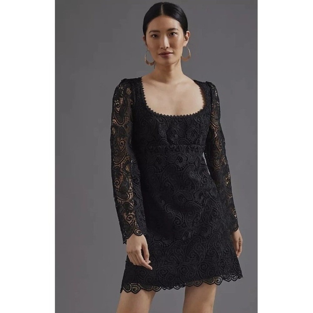 Maeve Anthropologie Lace Mini Dress Women 16W Black Paisley Scoop Neck Sleeve